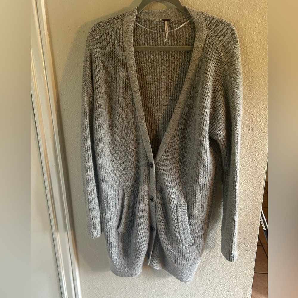 Free People Cloudy Day grey cardigan partial button up wood blend SW004
